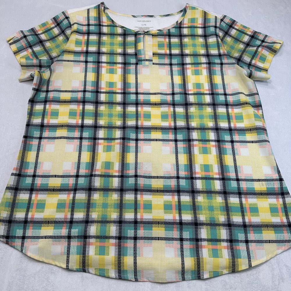 Vanโ Heusen Short Sleeve Keyhole Neck Blouse CM9 Multicolor Women's Size L